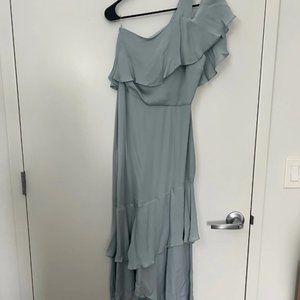 One Shoulder Ruffle High Low Silk Dress